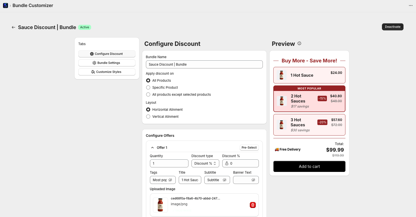 Kona Spark Bundles customizer dashboard showing easy bundle configuration