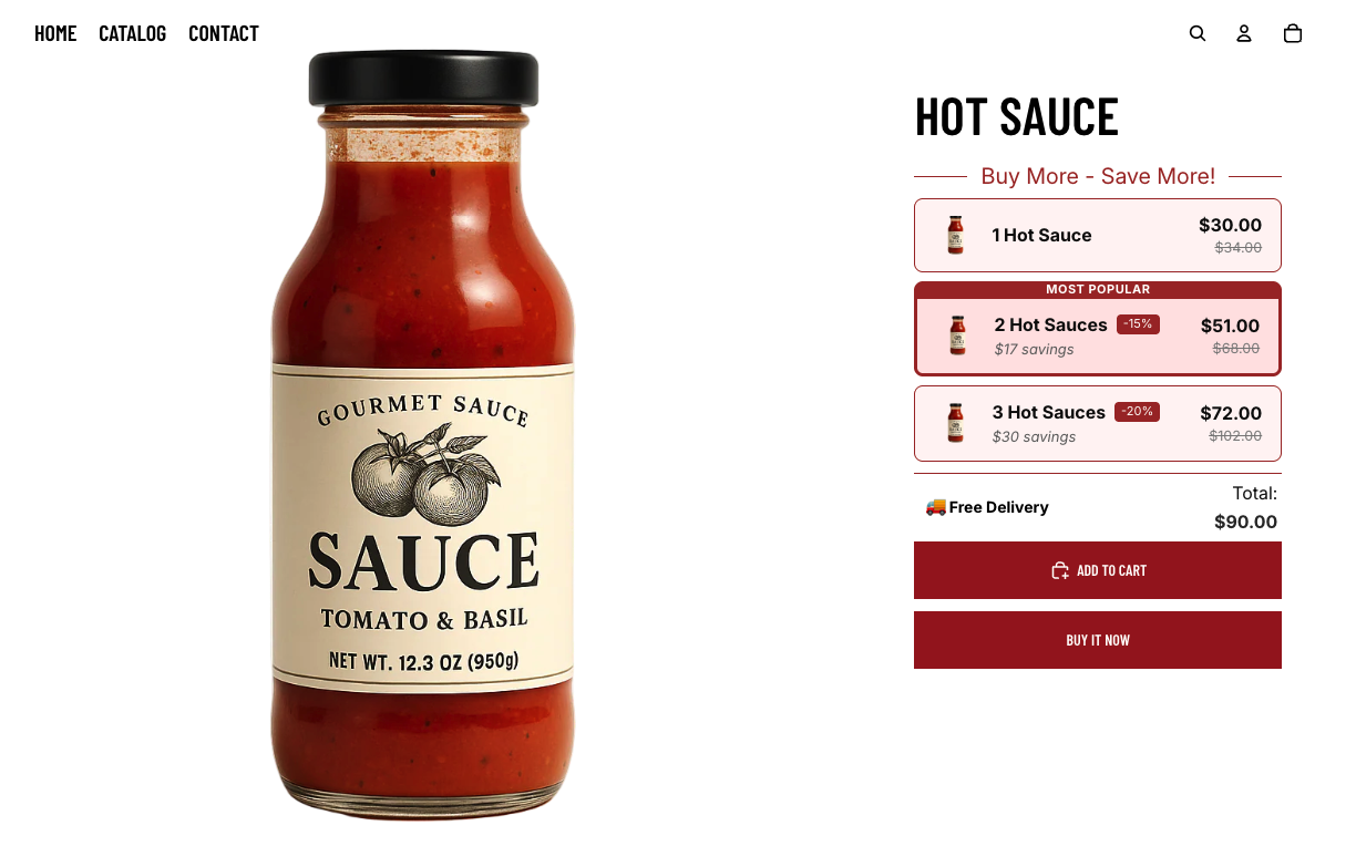 Shopify product page showing visual quantity break bundles with hot sauce bottles