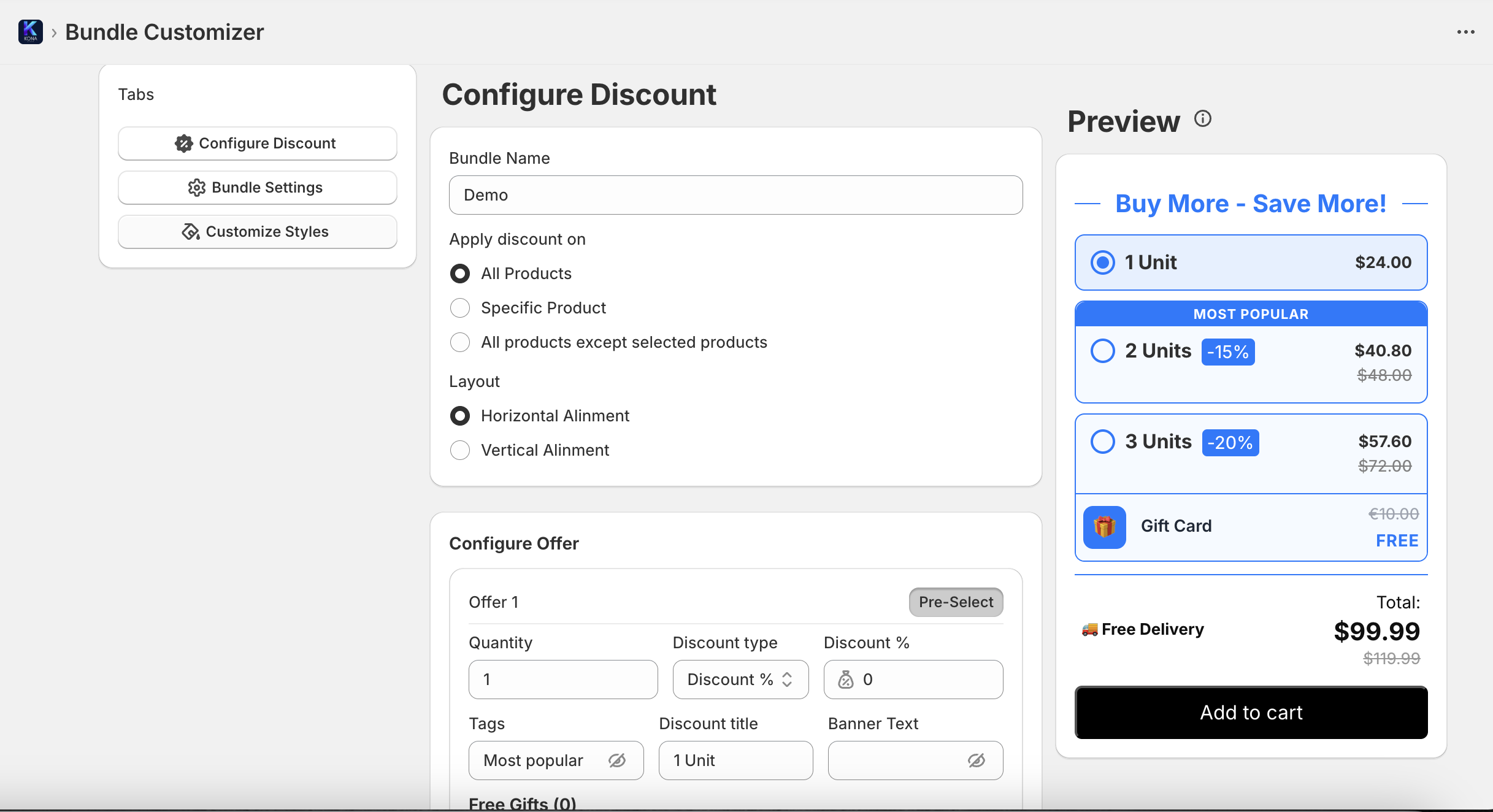 Kona Spark bundle configuration dashboard