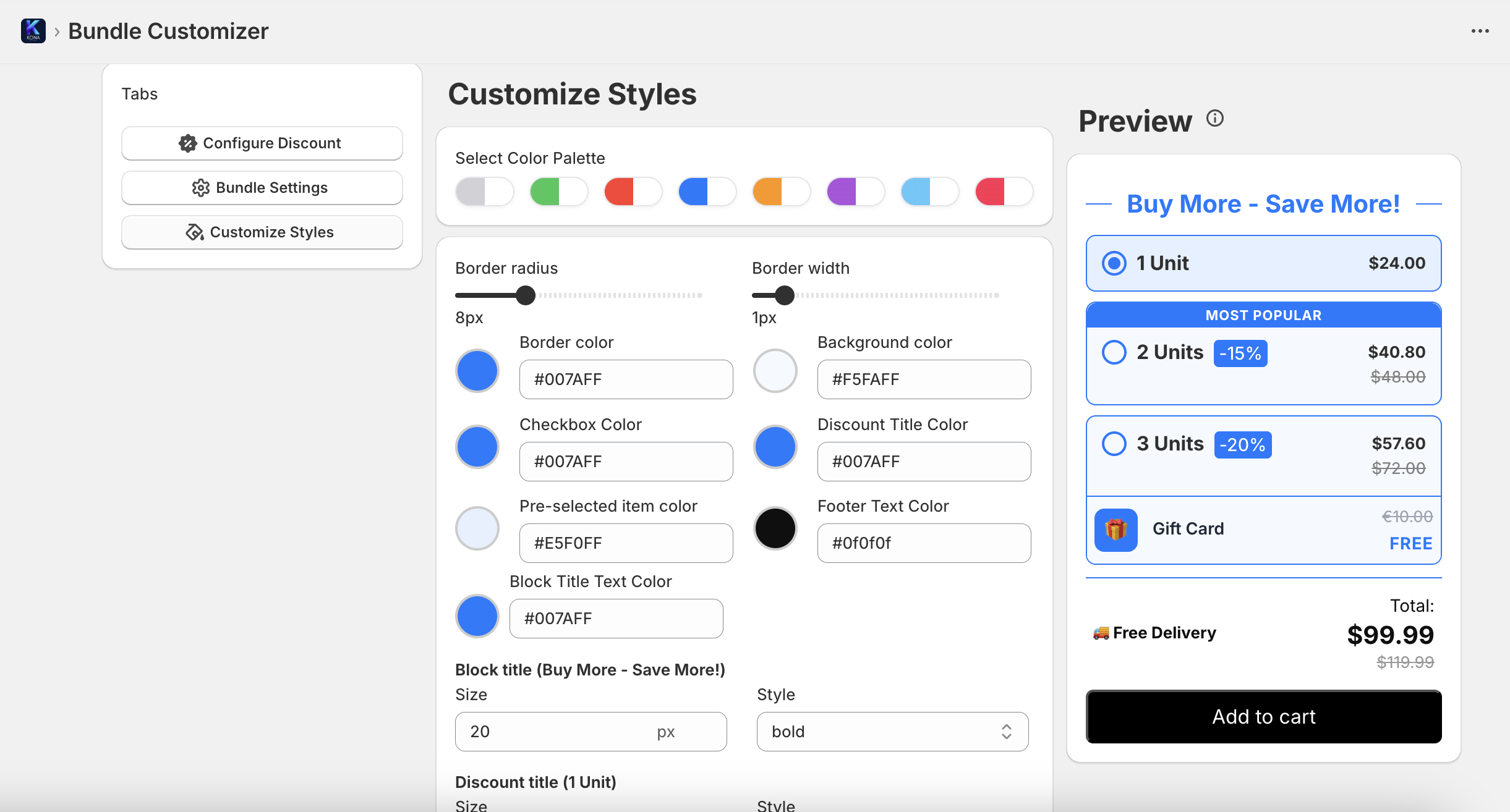Kona Spark style customization options